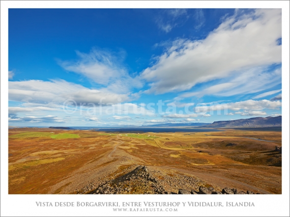View from Borgarvirki, ancient fortress of basalt strata between